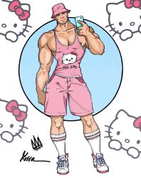 bucket_hat cellphone clothed hello_kitty hello_kitty_(character) hello_kitty_(series) kitty_white male male_only muscles muscular muscular_male rodrigolandave8 sanrio selfie