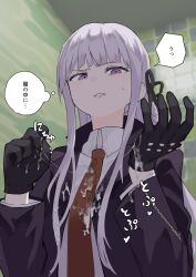 after_ejaculation bangs black_gloves black_ribbon blurry blurry_background brown_necktie collared_shirt cum_on_gloves danganronpa danganronpa:_trigger_happy_havoc disgust female gloves hair_ribbon hands_up jacket kirigiri_kyouko long_sleeves necktie pink_eyes purple_jacket ribbon samidare_(hoshi) samidareura shirt solo speech_bubble straight_hair teeth thought_bubble unamused white_shirt