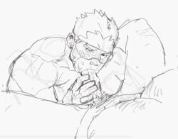 akashi_(live_a_hero) balls bara blowjob blush boner erection eye_covering gay live-a-hero male male_only monochrome muscles muscular oral penis spread_legs tora_gy