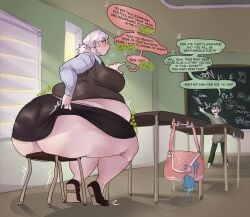 bbw burp burping chair classroom dialogue digestion english_text female handbag name_calling post_digestion post_vore sitting sitting_on_chair speech_bubble stomach_noises tagme teacher text ujanskiy vore