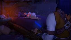 1boy 1girls 3d big_breasts blizzard_entertainment blonde_hair human human_(world_of_warcraft) jaina_proudmoore kalecgos laying_down light-skinned_female light_skin nidawi nude original_character warcraft white_hair wink world_of_warcraft