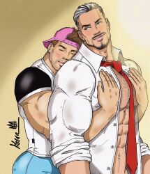 abs daddy embracing hairy_chest looking_back male male_only muscles muscular muscular_male open_shirt pecs rodrigolandave8 silver_fox
