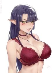 1girls anime_style blush blushing_at_viewer face_marks fangs female female_only female_solo lace-trimmed_bra light-skinned_female light_skin lingerie lingerie_bra lingerie_only long_hair looking_at_viewer mirco_cabbia oc open_clothes original original_character pointy_ears purple_hair red_lingerie sciamano240 smile smiling smiling_at_viewer solo solo_female valerie_(sciamano240) yellow_eyes