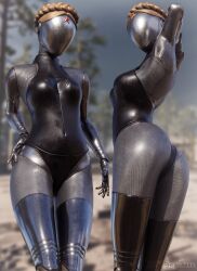 2girls 3d 3d_(artwork) aequd ass ass_focus atomic_heart big_ass big_butt blender blender_(software) blender_cycles breasts faceless_character faceless_female female female_focus female_only grey_skin hips no_eyes robot robot_girl robot_humanoid robot_joints small_breasts the_twins_(atomic_heart) thick_thighs thighs thong