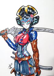 1girls 2023 2d_(artwork) abs autobot autobot_insignia big_breasts bikini color drawn female female_autobots female_only robot robot_girl smile solo sword thick_thighs transformers ventis2099_(artist) windblade