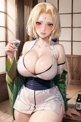 1girls ai_generated bindi blonde_hair curvy_body curvy_figure female female_only highres kimono long_hair naruto naruto_(series) naruto_shippuden sake sake_bottle sake_cup solo stable_diffusion tsunade voluptuous voluptuous_female