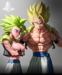 1boy 1girls abs biceps big_breasts blonde_hair blue_eyes breasts caule clothing dragon_ball dragon_ball_super elitenappa female female_saiyan fusion gogeta green_hair kefla legendary_super_saiyan looking_at_each_other male muscular muscular_male pants pecs saiyan showing_off super_saiyan super_saiyan_2 toned toned_female vest