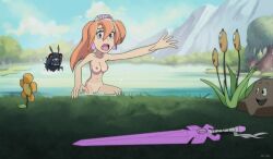 1girls 2d accurate_art_style amethyst_of_gemworld areolae breasts completely_naked completely_nude completely_nude_female dc dc_comics edit female female_focus highres in_water long_hair mole_(artist) naked naked_female nipples nude nude_female orange_hair pink_eyes princess_amethyst pussy reaching_out sword tagme tanline vagina