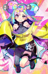 abstract_background big_breasts blue_hair breasts clothed clothing female hair_ornament himehajime human human_only iono_(pokemon) long_hair long_sleeves multicolored_hair oversized_clothes pink_hair pokemon pokemon_sv sfw shaded sharp_teeth shoes solo tagme yellow_jacket