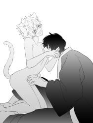 2boys aged_down animal_ears blush cat_ears cat_tail catboy closed_eyes clothed_male_nude_male femboy gintama gintoki_sakata hijikata_toshiro kanzaki_ria kemonomimi kimono kneeling male male_only monochrome nipple_suck nude_male sitting sucking_male_nipple twink yaoi