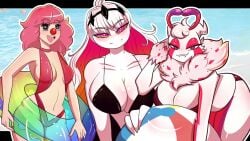 3girls beach beach_ball big_breasts bikini breedingburrow clussy demon fnf_mods friday_night_funkin geiru_toneido gyakuten_saiban lipbite long_hair looking_at_viewer moth moth_booba multiple_girls nikusa_(sugarratio) pink_eyes pink_hair sakuroma_(retrospecter) smaller_breasts smiling_at_viewer swimsuit