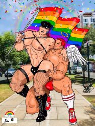 bulge lgbt_pride male male_only muscles muscular muscular_male outdoors outside pride_color_flag rodrigolandave8 thong wings