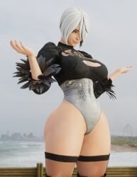 3d angel_(kof) ass big_ass big_breasts cosplay cpt-flapjack crossover_cosplay king_of_fighters lieutenant_flapjack light-skinned_female light_skin nier:_automata short_hair thick_ass thick_thighs white_hair yorha_2b_(cosplay)