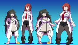 2girls ass_expansion breast_expansion clothed clothing female female_only fully_clothed hiyajou_maho human light-skinned_female light_skin makise_kurisu mid-transformation multiple_girls pre-transformation prinnydood standing steins;gate thigh_expansion