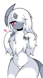 absol anthro belly blush chest_tuft choker claws female fluffy generation_3_pokemon hair hair_over_one_eye koivyx nintendo nude pokémon_(species) pokemon pokemon_(species) red_eyes slightly_chubby smiling_at_viewer solo squish thick_thighs white_background white_body