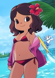 1boy 1girls 2d 2d_(artwork) animal_crossing animal_crossing_girl animal_crossing_new_horizons arms beach belly_button bikini breasts brown_eyes brown_eyes_female brown_hair brown_hair_female brunette_hair clothing clouds color colored day daytime dog_humanoid eyebrows female female_focus flower flower_in_hair green_leaves half-dressed head hibiscus high_resolution highres hips human jpeg k.k._slider kk_slider_(animal_crossing) looking_at_viewer male medium_length_hair muramasa_mikado murana_(muramasa_mikado) navel neck nintendo nintendo_switch nose ocean outerwear pale_skin palm_leaf palm_tree pink_jacket red_bikini sea seaside shoulders sky smile solo_focus summer surfboard surfing surfing_board swimwear undressing villager_(animal_crossing) water wave waves