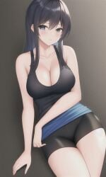 1girls ai_generated anything_diffusion bike_shorts black_hair blue_eyes breasts cleavage collarbone laying_down long_hair lying medium_breasts thighs tight_clothing