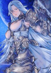 1girls areolae armor armored_dress big_breasts blue_eyes blush breasts erect_nipples female female_only final_fantasy final_fantasy_xiv goddess gusty10rk halone light-skinned_female long_hair looking_at_viewer medium_breasts moon moonlight nipples pink_nipples shield silver_hair solo solo_female square_enix stars warrior