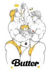 2boys big_bulge bulge butter english_text huge_bulge male male_only muscles muscular muscular_male pancakes rodrigolandave8 shirtless_male thick_thighs thong underwear underwear_only