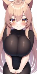 1girls ai_generated arms_on_legs big_breasts blonde_hair blush blush bodysuit breast_squeeze breasts cat_ears catgirl cute hi_res huge_breasts long_hair looking_at_viewer nai_diffusion nekomimi orange_eyes shirt smile stable_diffusion thighs tight_clothing tight_fit