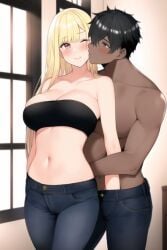 1boy 1girls ai_generated black_hair black_strapless cheek_kiss dark-skinned_male female hand_in_pants hug hug_from_behind human jeans kissing_cheek kitagawa_marin male midriff muscular muscular_male nai_diffusion one_eye_closed rubbing sono_bisque_doll_wa_koi_wo_suru stable_diffusion strapless topless_male