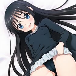 ai_generated ass black_hair black_panties blue_eyes blush chloe_aubert female flat_chest long_hair nipples_through_clothes open_mouth panties skirt_grab smile stable_diffusion tensei_shitara_slime_datta_ken waifu2x