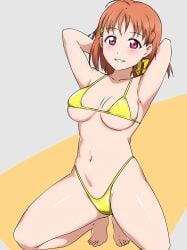 1girls armpits arms_behind_head big_breasts bikini breasts busty cleavage confident feet female female_only highres large_breasts legs looking_at_viewer love_live! love_live!_sunshine!! navel orange_hair pink_eyes pose posing sensual sexy_armpits short_hair smile solo squatting swimsuit takami_chika thighs thong_bikini yellow_bikini