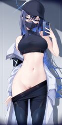 1girls arius_satellite_school_student arius_squad_(blue_archive) bare_shoulders belly belly_button big_breasts blue_archive blue_eyes blue_hair breasts cap coat emotionless face_mask female female_only female_pubic_hair halo highres light-skinned_female long_hair looking_at_viewer midriff navel no_panties pants pants_pull phone pubic_hair pubic_hair_peek saori_(blue_archive) seductive slim smartphone solo standing stomach taking_picture topwear undressing waist wide_hips z.taiga