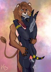 anthro anubis ass canid canine canis deity duo egyptian_mythology ejaculation felid female genitals hi_res jackal kwakapaint lion male male/female mammal middle_eastern_mythology mythology pantherine penis sex smile standing