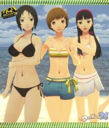 3d 3d_(artwork) 3girls amagi_yukiko beach bikini black_eyes black_hair blue_eyes brown_eyes brown_hair dochaunt24 hand_on_shoulder holding_arm large_breasts leg_up looking_at_viewer marie_(persona_4) midriff navel persona persona_4 persona_4_the_golden pinup satonaka_chie small_breasts smile swimsuit watermark