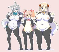 2021 anthro big_breasts blonde_hair blue_eyes bow_ribbon breasts canid canine canis chest_tuft clothing costume domestic_dog female flat_chested footwear fur genitals green_eyes grey_body grey_fur grey_hair group hair hi_res high_heels ineffective_clothing itou_sora kemono kin-shun mai_(kin-shun) mammal moco_(kin-shun) nipples one_eye_closed open_mouth open_smile pink_hair pink_nipples pussy red_eyes reverse_bunny_costume ribbons shirt_cuffs simple_background slightly_chubby smile tan_background trio tuft white_body white_fur wink yellow_body yellow_fur