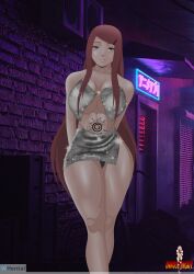 1girls alley arms_behind_back bare_legs bare_shoulders big_breasts breasts cleavage clothed_female clothing dinosknight dress female female_only long_hair midriff milf minidress naruto naruto_(series) naruto_shippuden nipples no_bra panties prostitute prostitution purple_eyes red_hair revealing_clothes sfh solo solo_focus stomach_tattoo tattoo underboob uzumaki_kushina walking walking_towards_viewer whentai wide_hips