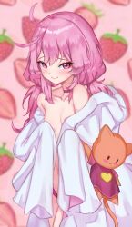 1girls blanket blush eien_project embarrassed female female_only kiki_lockheart light-skinned_female light_skin looking_at_viewer lunarisbloom_(artist) pink_eyes pink_hair plushie small_breasts smile solo virtual_youtuber