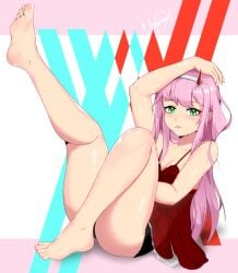 barefoot darling_in_the_franxx foot_fetish green_eyes leg_up pink_hair red_dress ueharam_ zero_two_(darling_in_the_franxx)