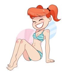 1girls 2018 barefoot bikini blue_bikini color digital_media_(artwork) freckles jenny_wakeman jenny_wakeman_(exo-skin) light-skinned_female light_skin lowres my_life_as_a_teenage_robot nickelodeon orange_hair red_lipstick simple_background striped_bikini twintails wayofthewang