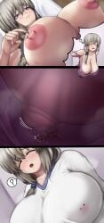 bra closed_eyes daughter fantasizing female giantess gray_hair kentaryu lacy_bra larger_female massive_breasts micro milf sakurai_shinichi size_difference smaller_female thought_bubble trapped_in_clothing unaware uzaki-chan_wa_asobitai! uzaki_hana uzaki_tsuki