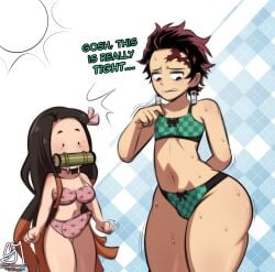 1boy 1futa 2023 bare_shoulders big_breasts bikini blush bottom_heavy breasts bulge cleavage clothed clothing demon_slayer duo english_text fat_ass femboy futanari huge_hips human kamado_nezuko kamado_tanjirou kimetsu_no_yaiba light-skinned_futanari light-skinned_male light_skin long_hair male mostly_nude navel semidraws short_hair simple_background simple_eyes simple_face standing surprised sweat text thick_thighs wide_hips