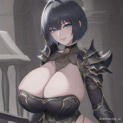 1girls ai_generated armor bangs black_hair blue_eyes breasts breasts_bigger_than_head cleavage female female_only huge_breasts light-skinned_female light_skin op_ai short_hair skindentation text url watermark