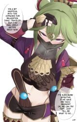 1boy 1girls aether_(genshin_impact) ahe_gao big_breasts big_thighs blush breast_grab breasts disembodied_hands english_text eroborne female fingering fingering_pussy genshin_impact green_hair groping groping_breast groping_from_behind hypnosis kuki_shinobu male mask mind_control navel purple_eyes saliva saliva_drip thick_thighs thighs