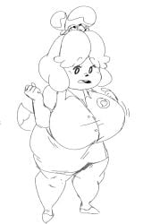 1girls animal_crossing anthro anthro_only arms_up big_breasts breasts buttons clothed clothing dog domestic_dog doubutsu_no_mori female furry huge_breasts isabelle_(animal_crossing) looking_down mob_face nintendo no_color olozva open_mouth shizue_(doubutsu_no_mori) shoes simple_background sketch skirt solo solo_female solo_focus tail teeth tongue voluptuous voluptuous_female white_background