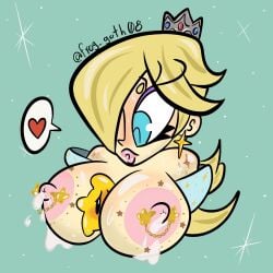 1girls big_breasts blonde_hair breast_focus breasts breasts_out earrings female female_focus female_only frog_goth08 huge_breasts lactating lactating_nipples lactation mario_(series) nintendo nipples paizuri pierced_nipples piercings pink_nipples princess_rosalina rosetta_(super_mario_galaxy) super_mario_galaxy tattoo_on_breast tattooed_breast titjob