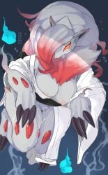 2d blue_background breasts cleavage cleavage_overflow female female_focus female_only fox fox_ears fox_girl furry ghost ghost_costume ghost_girl hisuian_zoroark kemono kitsune large_breasts long_eyelashes nintendo nipples pink_nipples pokémon_(species) pokemon pokemon_(species) red_highlights skulkers thick thick_thighs white_hair yellow_eyes zoroark