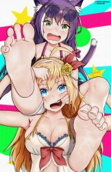 barefoot blonde_hair blue_eyes cat_ears cat_tail catgirl feet foot_fetish foot_focus grabbing_face grabbing_hair green_eyes hand_in_mouth karyl_(princess_connect!) pecorine pecorine_(princess_connect!) princess_connect! purple_hair swimsuit ueharam_