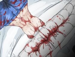 amasaki_ryouko big_breasts blue_hair breasts eaten_alive gore guro jean_shorts large_breasts