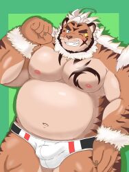 2020s 2023 3:4 absurd_res anthro belly big_belly blush bulge clothing cocochu_samo felid hi_res hombretigre humanoid_hands kemono lifewonders male mammal moobs musclegut navel nipples one_eye_closed overweight overweight_male pantherine solo tiger tokyo_afterschool_summoners underwear wink