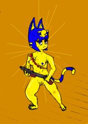 animal_crossing ankha ankha_(animal_crossing) anthro belt blue_hair blue_nipples breasts casual casual_nudity domestic_cat egyptian felid feline felis female firearm genitals gold_(metal) gold_jewelry gun hair hi_res jewelry jojispoon88 mammal meme nintendo nipples nude pubes pubic_fuzz pubic_stubble pussy ranged_weapon shell_(projectile) shotgun shotgun_shell solo tactical_nudity weapon