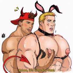 bunny_ears devil_horns devil_tail dialogue english_text gay horny_male licking_lips male male_only muscles muscular muscular_male nipple_play nipple_tweak pec_squeeze pecs pleasure_face rodrigolandave8