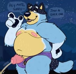 2020s 2023 anthro australian_cattle_dog bandit_(bluey) bandit_heeler belly big_belly big_moobs big_nipples big_penis bluey_(series) bodily_fluids briefs bulge campfire_donut canid canine canis cattledog claws clothed clothing dialogue domestic_dog english_text eyebrows flaccid foreskin fur genital_fluids genitals hand_on_hip herding_dog hi_res humanoid_genitalia humanoid_penis looking_at_viewer male male_only mammal moobs narrowed_eyes navel night nipples open_mouth open_smile outside overweight overweight_anthro overweight_male partially_clothed pastoral_dog pawpads peeing penis sky smile solo sound_effects standing star starry_sky talking_to_viewer teeth text thick_penis thick_thighs tongue topless topless_anthro topless_male tuft underwear underwear_down urine vowelless vowelless_sound_effect