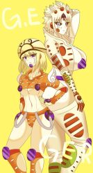 2girls black_sclera blonde_hair cleavage female female_only gold_experience gold_experience_requiem heart helmet humanoid jojo's_bizarre_adventure ladybug pose purple_eyes rule_63 simple_background stand_(jjba) vento_aureo wide_hips