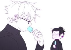 2boys animated bishonen black_hair blue_eyes blush cute_male erection excited funny gay glasses horny horny_male ice_cream jujutsu_kaisen licking licking_ice_cream licking_popsicle no_sound phallic_symbol popsicle satoru_gojo sissy sucking sucking_ice_cream sucking_popsicle suggestive suguru_geto video white_hair xtlusultx yaoi